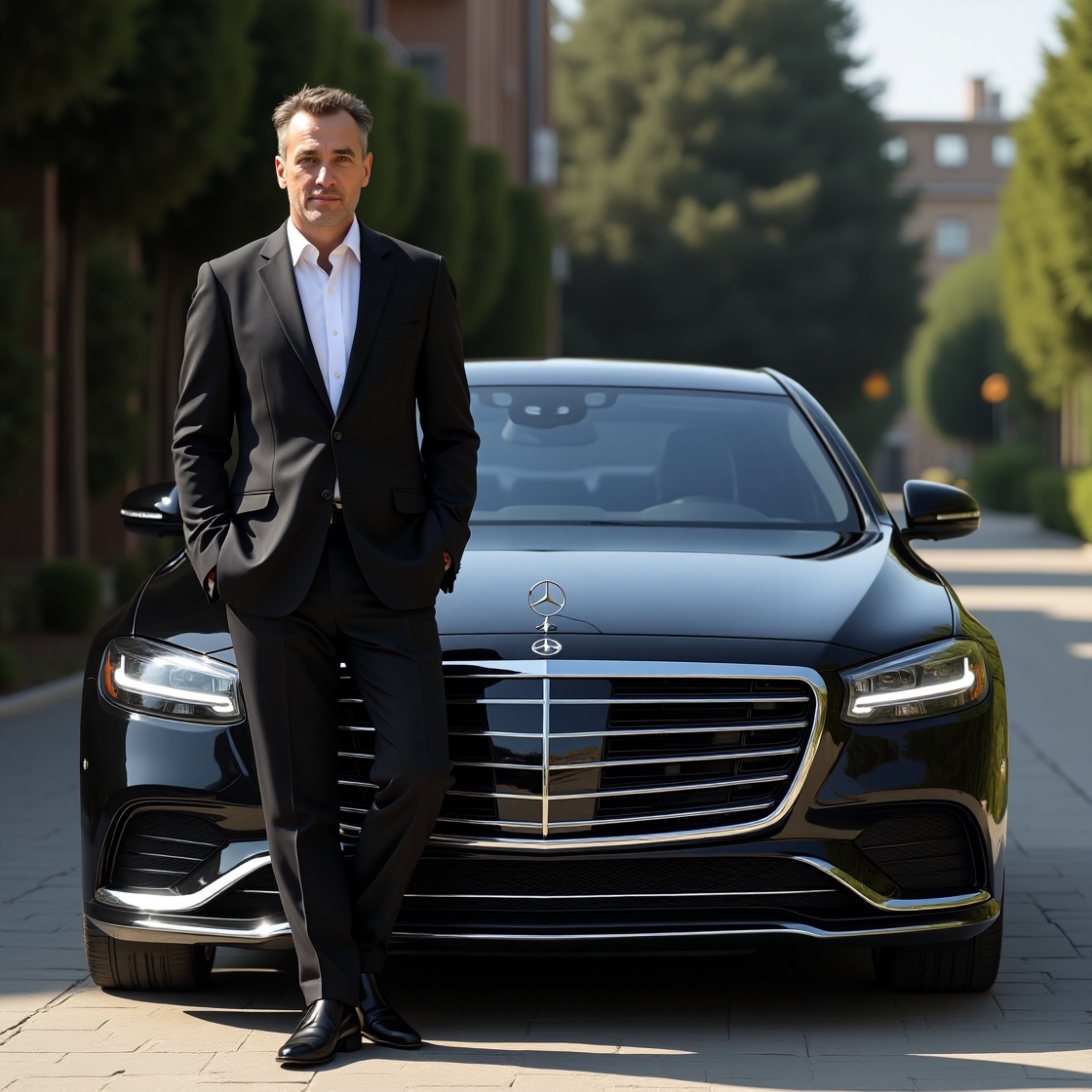 Privatchauffeur Wien mit Luxusauto in Vorstadt bei Tageslicht.