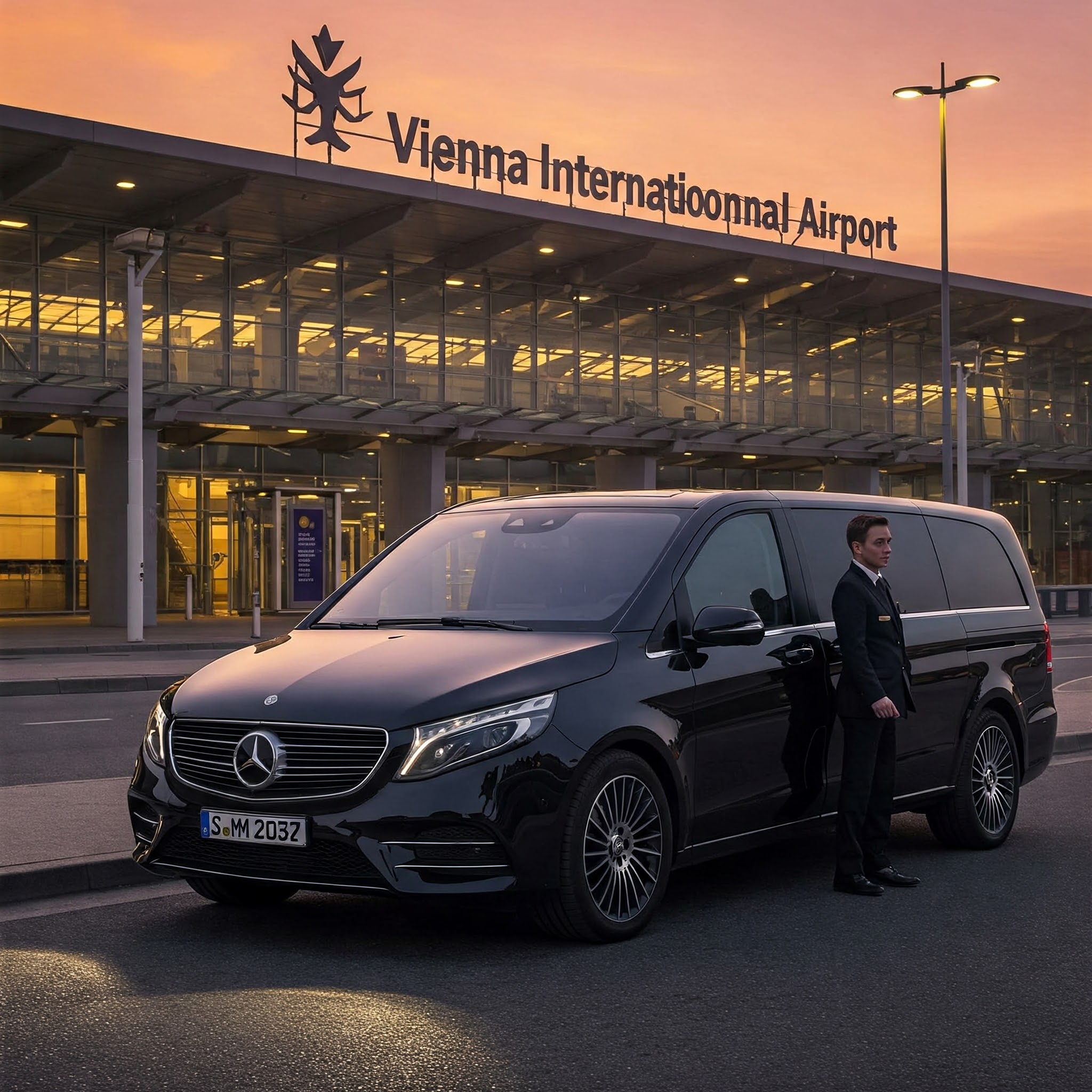 Wien Flughafen Transfer mit Luxusvan bei Abendlicht.